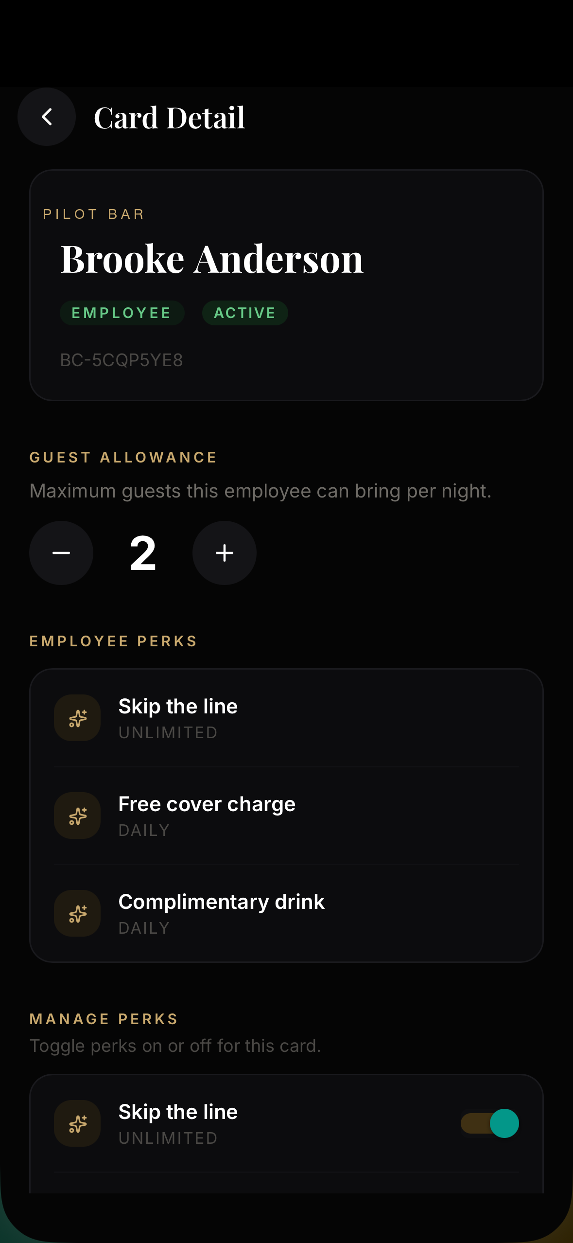 Brooke Anderson's card detail showing Employee and Active badges, guest allowance set to 2, and employee perks including Skip the line, Free cover charge, and Complimentary drink
