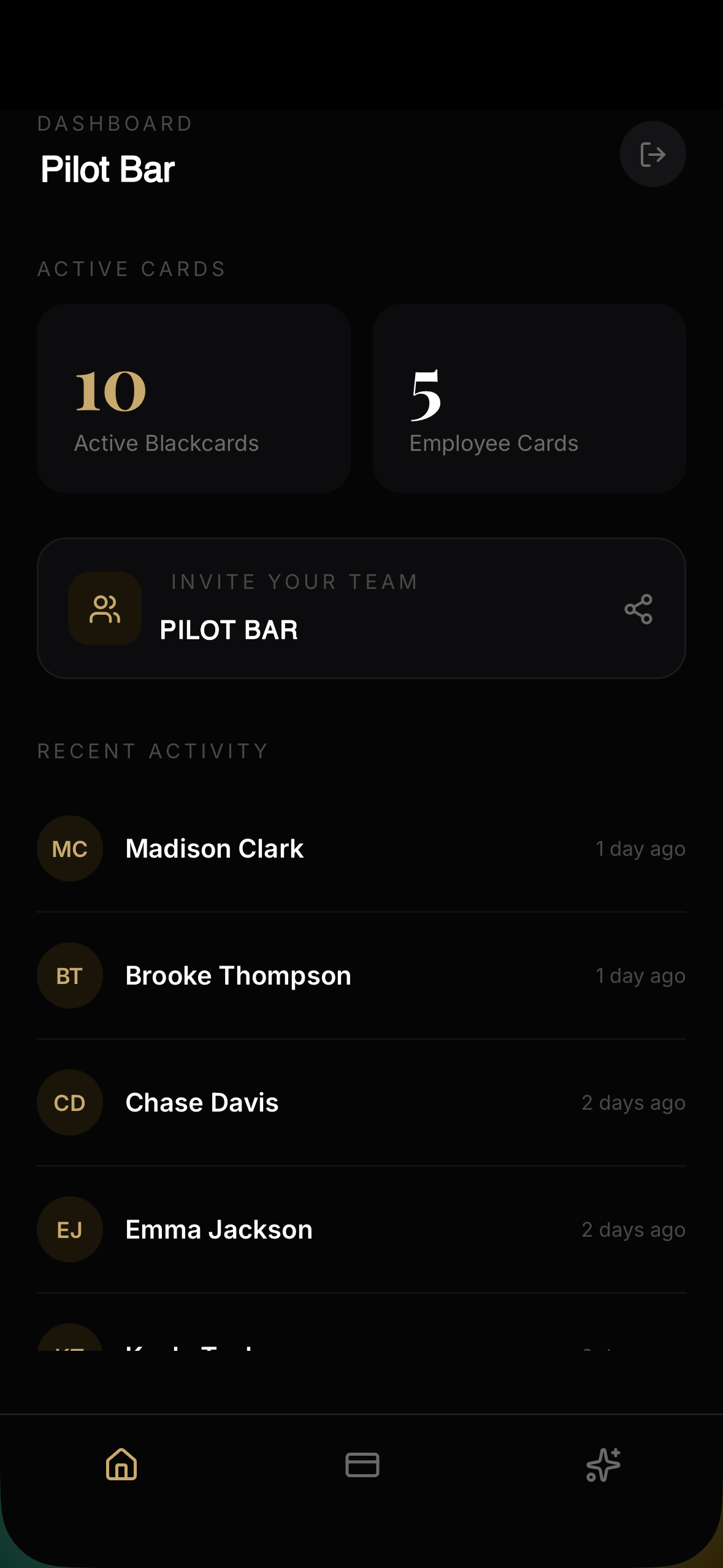 Pilot Bar venue dashboard showing 10 active Blackcards, 5 employee cards, team invite section, and recent activity feed with Madison Clark, Brooke Thompson, Chase Davis, and Emma Jackson