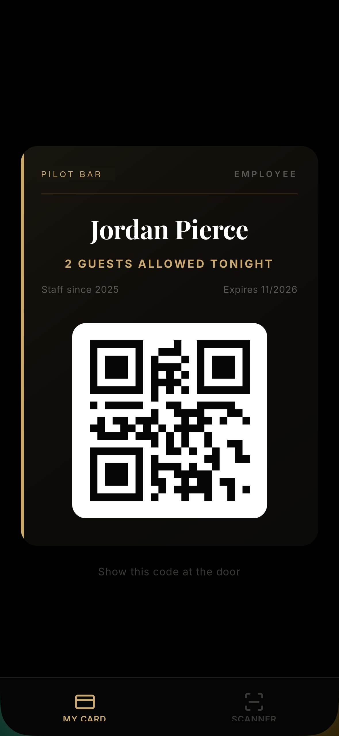 Jordan Pierce's digital VIP card at Pilot Bar showing Employee badge, 2 Guests Allowed Tonight, Staff since 2025, Expires 11/2026, with scannable QR code