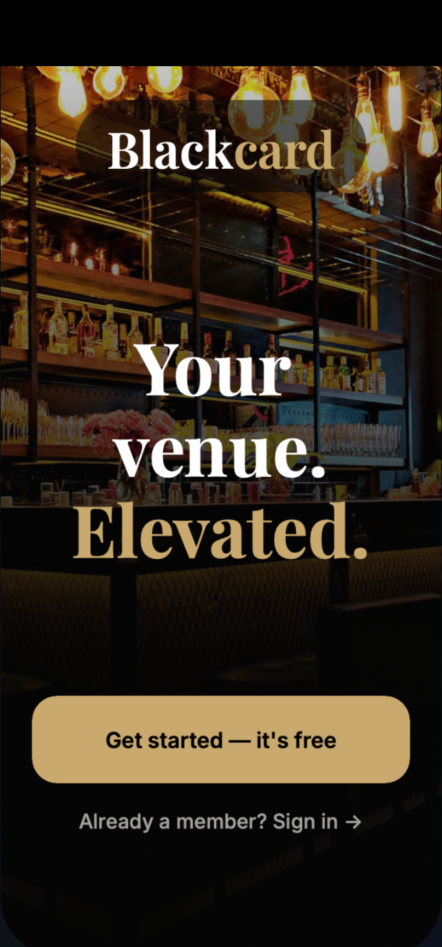 Blackcard welcome screen showing bar interior with Your venue. Elevated. headline and Get Started button